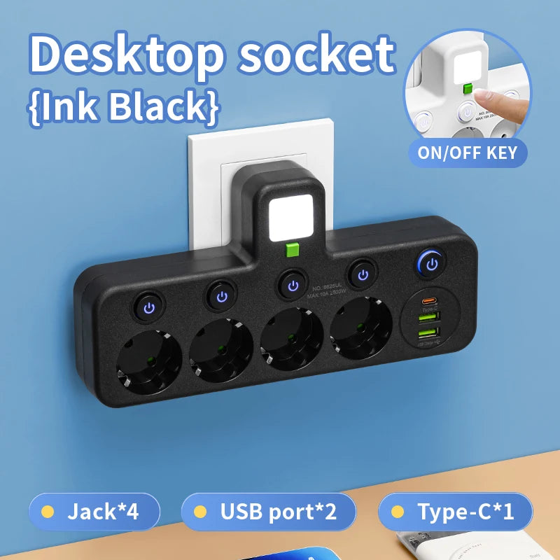 EU stekkerdoos met 4 stopcontacten, 2 USB-poorten en 1 USB-C-poort