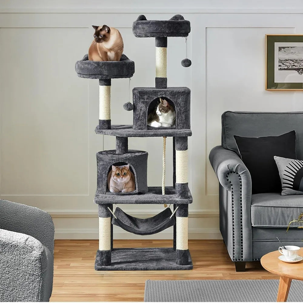 62,5 inch kattenkrabpaal met platform, hangmat en kattenhuis