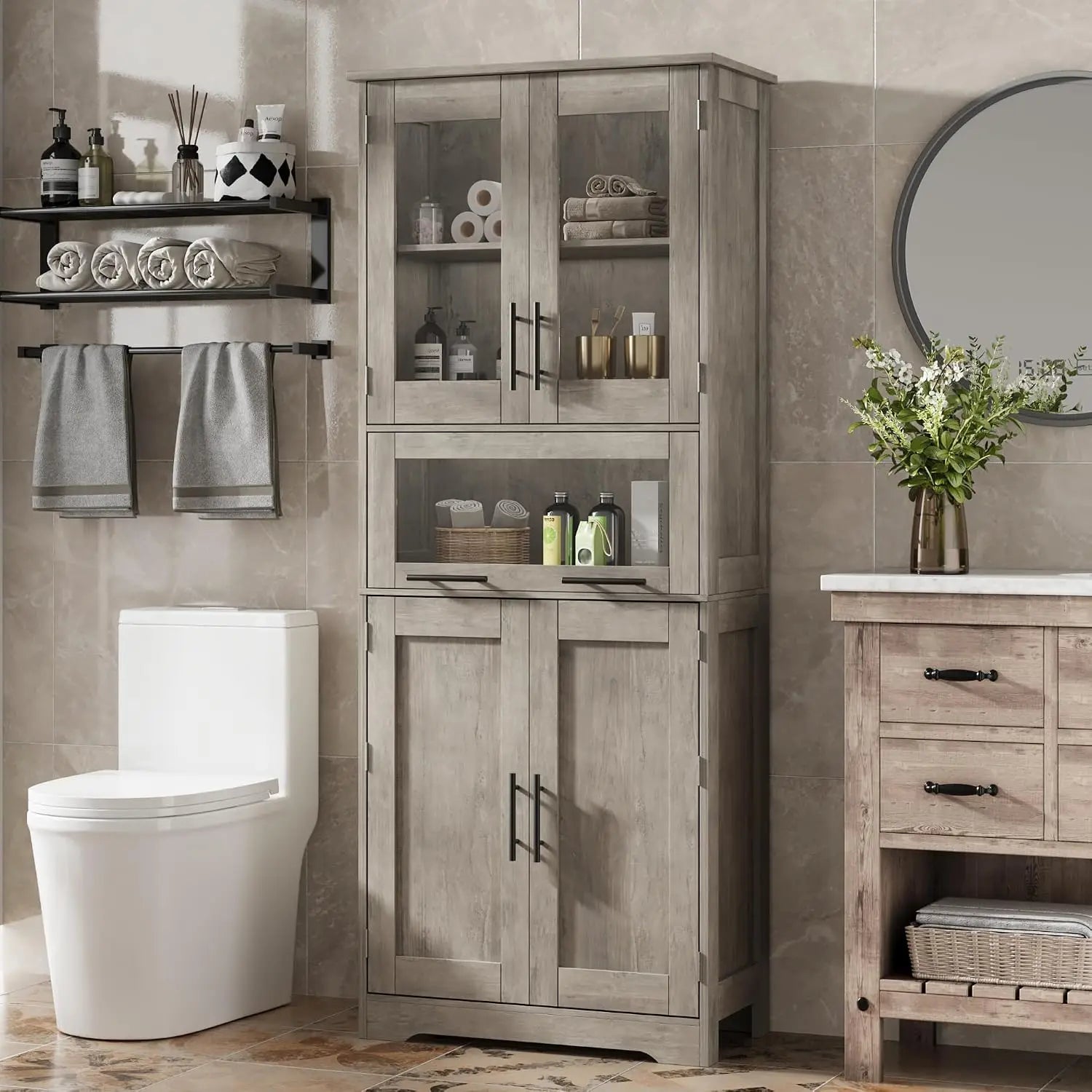 Smalle badkamerkast met 4 deuren en lade (60x30x170cm)