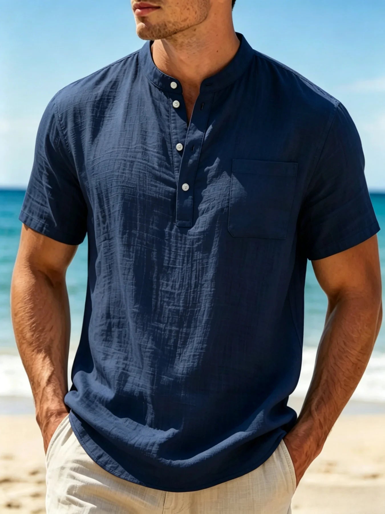 Heren Henley shirt van katoen-linnen mix