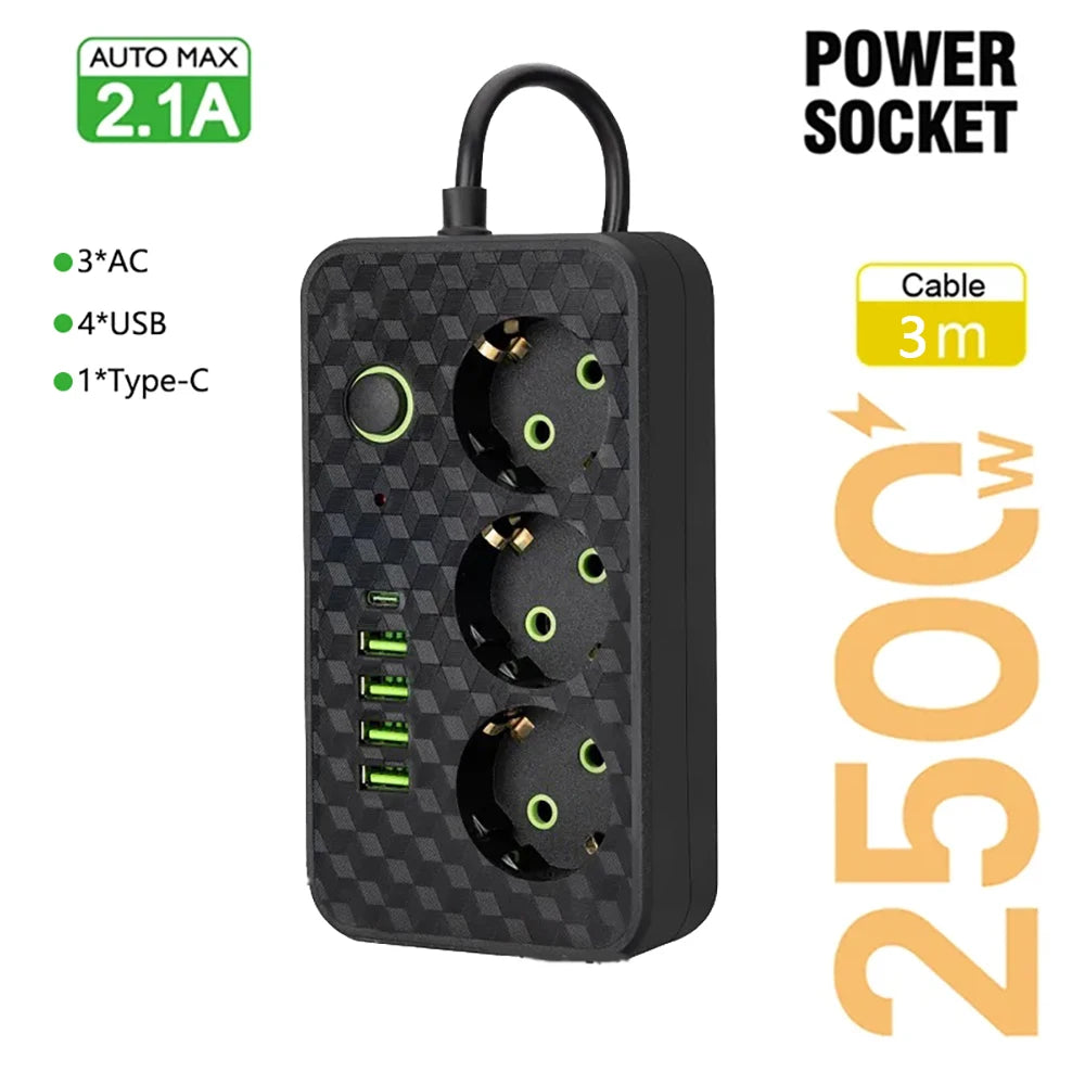 EU stekkerdoos met 4 stopcontacten, 2 USB-poorten en 1 USB-C-poort