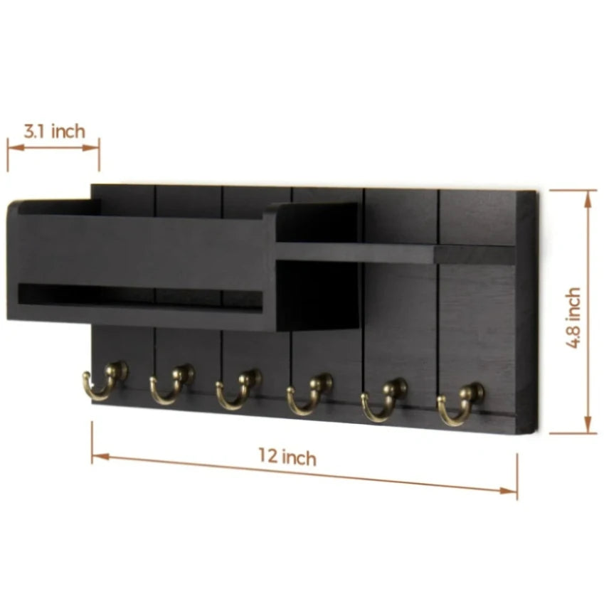 Rustieke houten wandplank met 6 haken voor post en sleutels