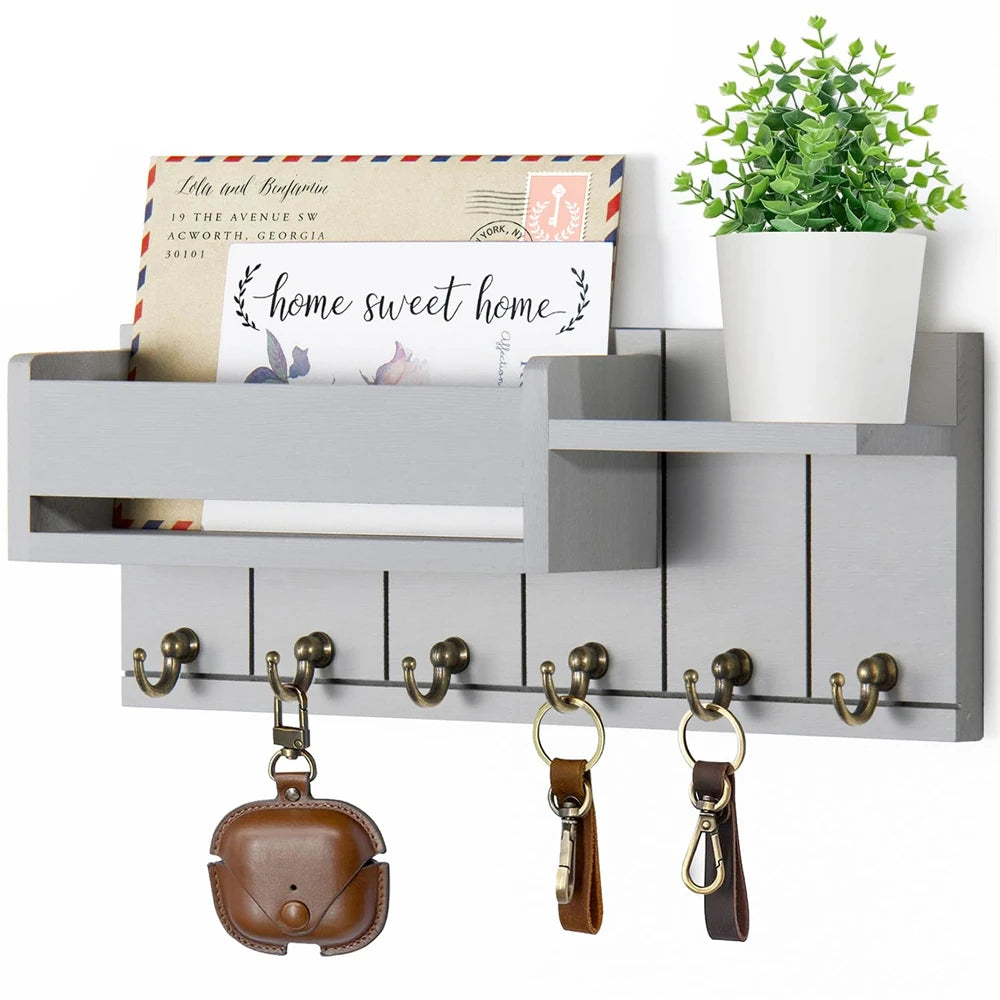 Rustieke houten wandplank met 6 haken voor post en sleutels