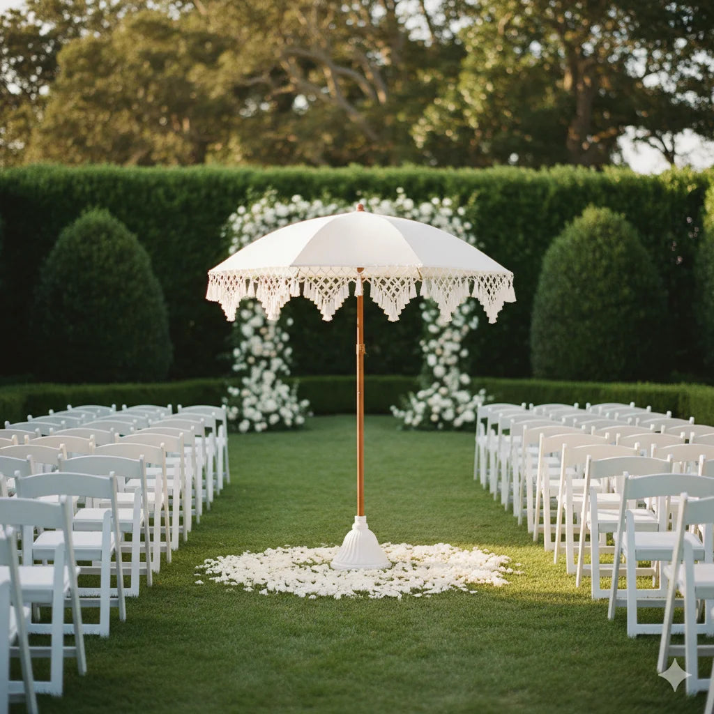 UPF50+ driehoekige zonneschermparasol met elegante kwastdetails
