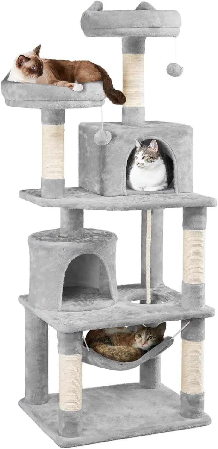 62,5 inch kattenkrabpaal met platform, hangmat en kattenhuis