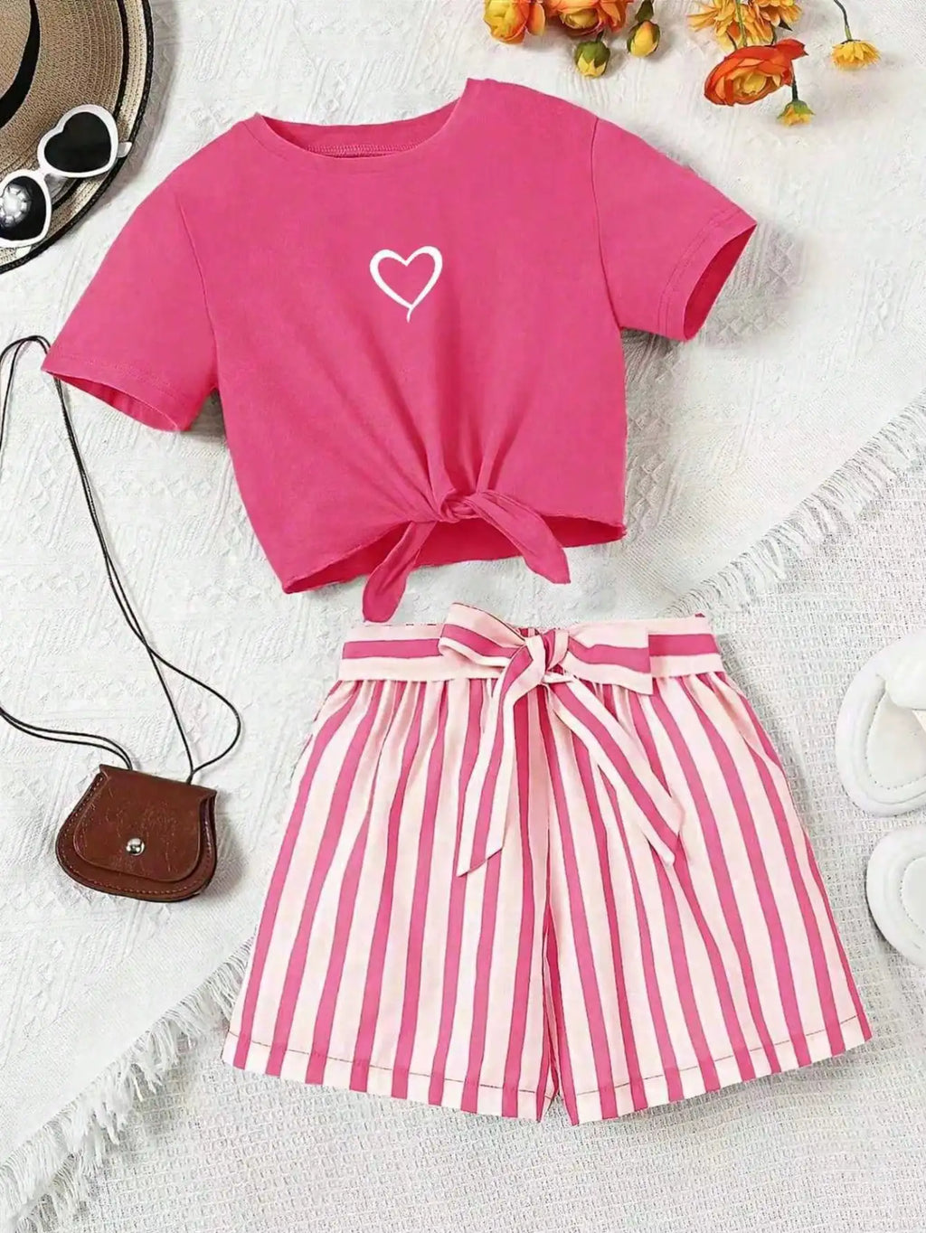 2-delige casual set met liefdesprint en gestreepte shorts