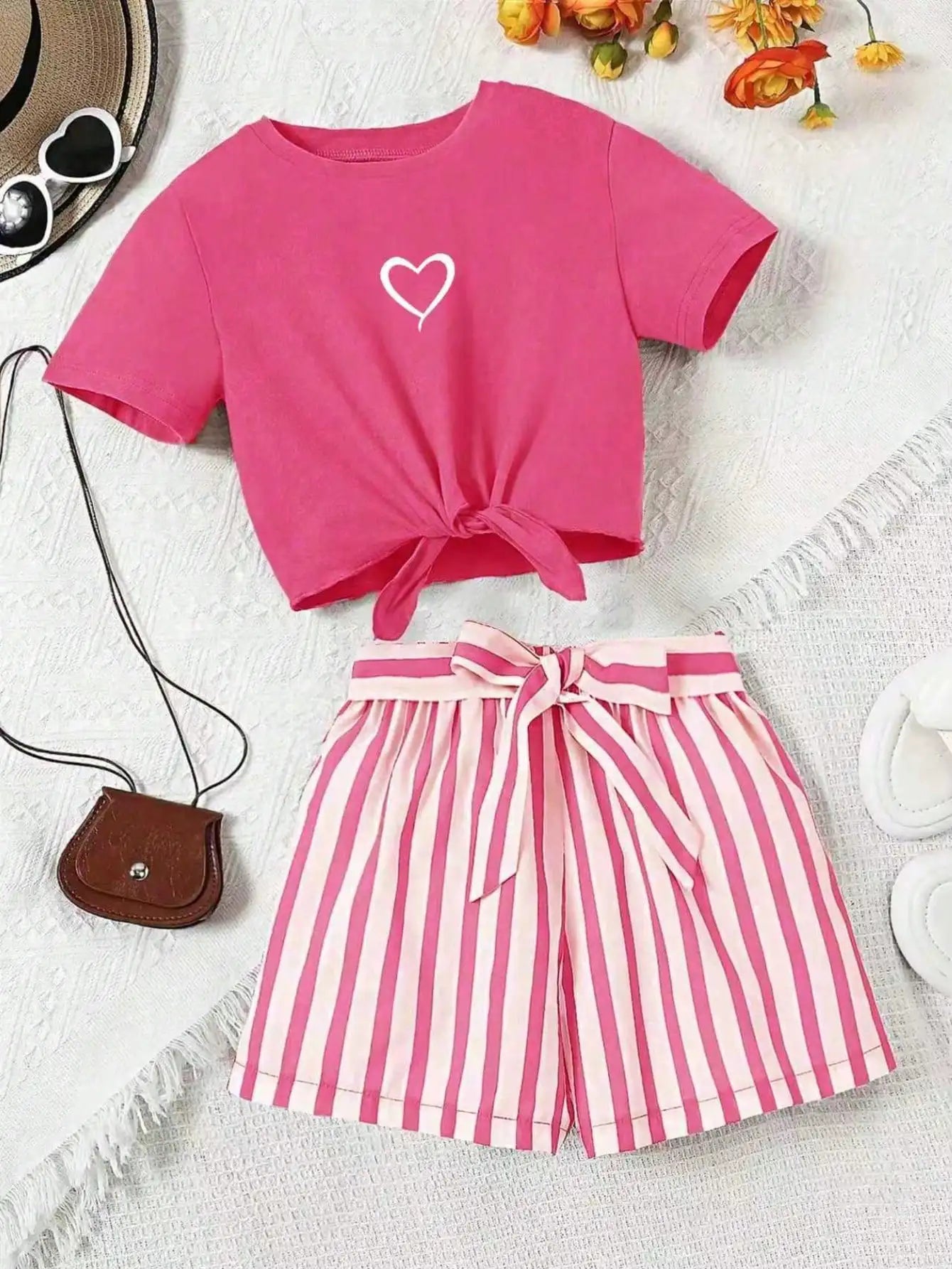 2-delige casual set met liefdesprint en gestreepte shorts