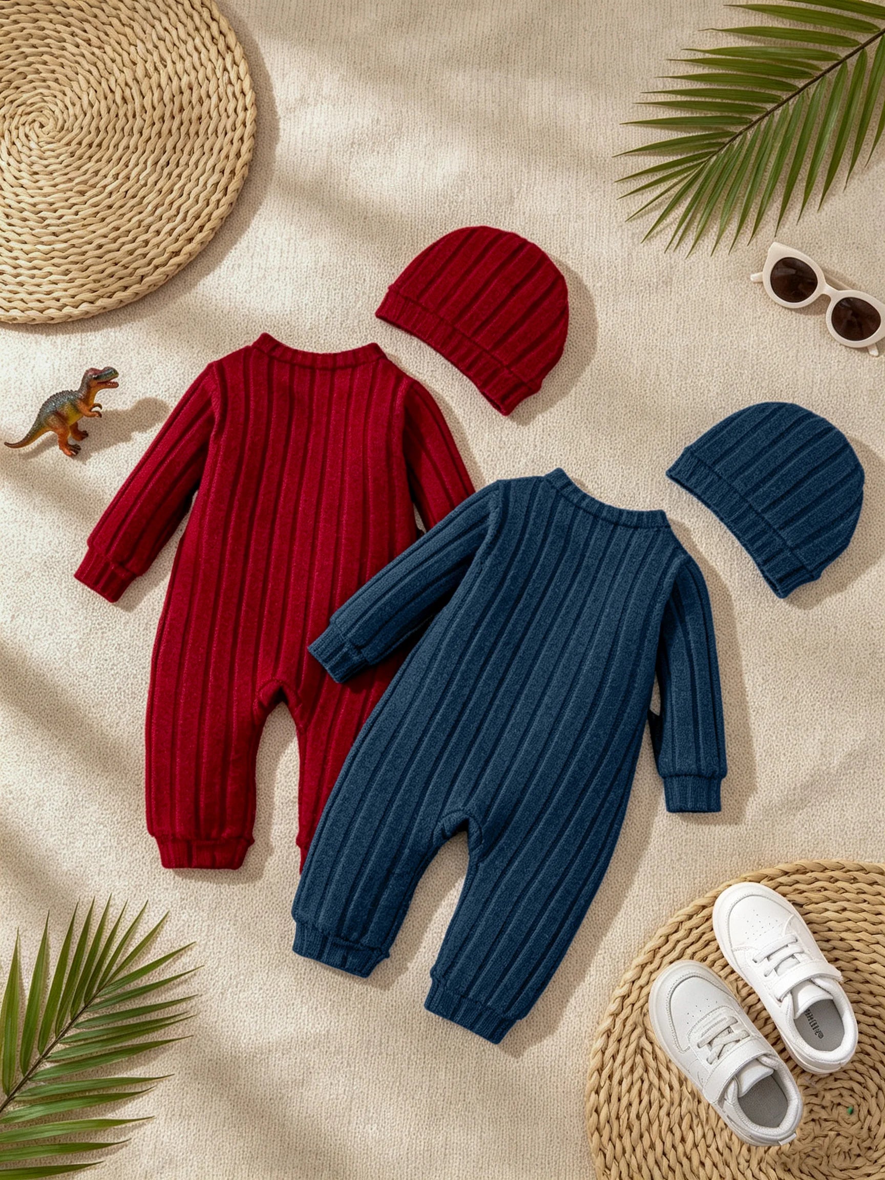 Rode herfst- en winteronesie met bijpassend mutsje