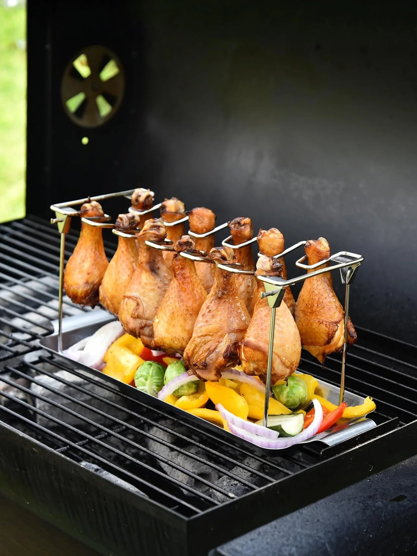 Premium roestvrijstalen kippenpoot grillhouder met lekbak