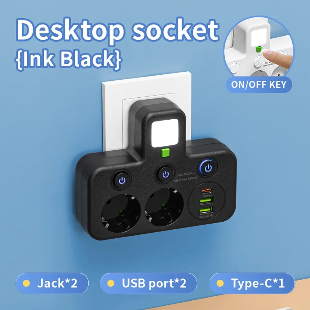EU stekkerdoos met 4 stopcontacten, 2 USB-poorten en 1 USB-C-poort
