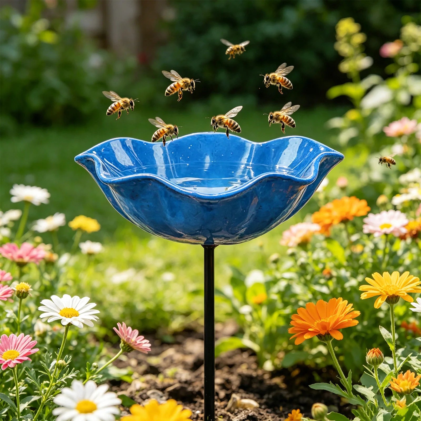 Bloemvormige metalen waterhouder op standaard