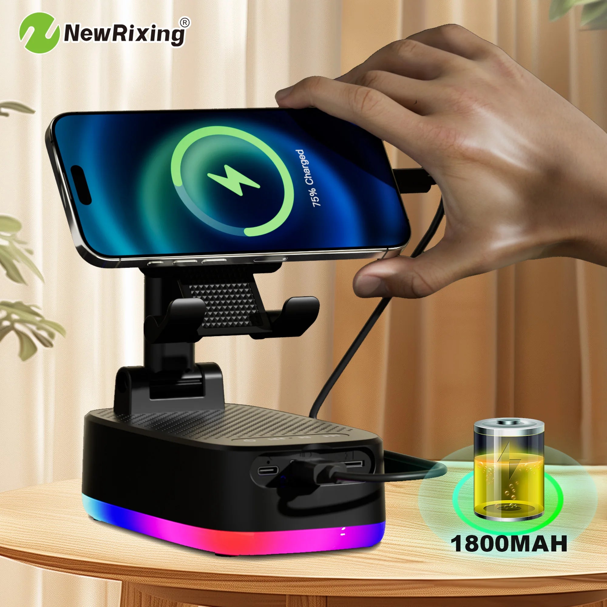 Telefoonhouder met 6W draadloze speaker, RGB-verlichting en ingebouwde powerbank