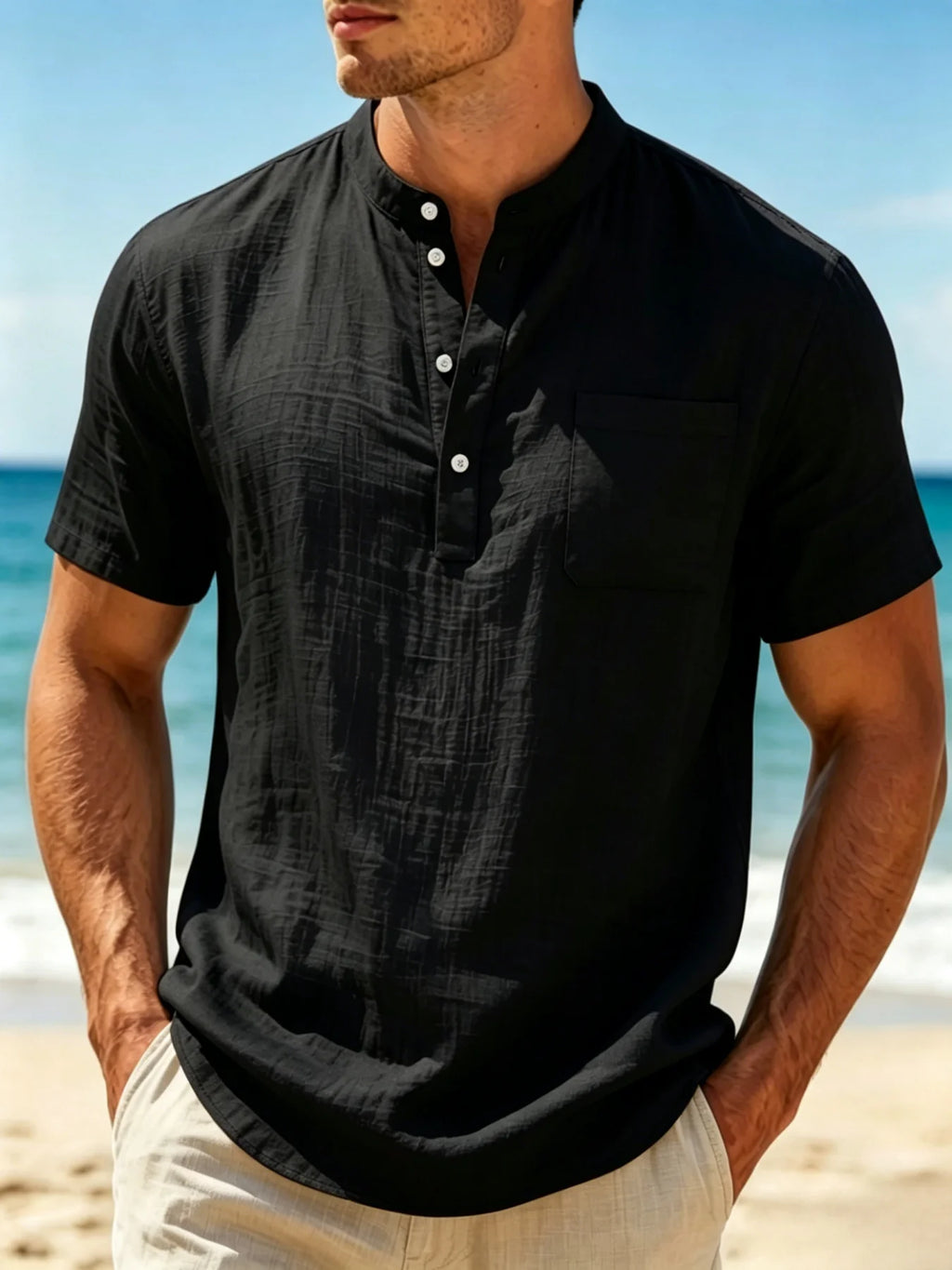 Heren Henley shirt van katoen-linnen mix