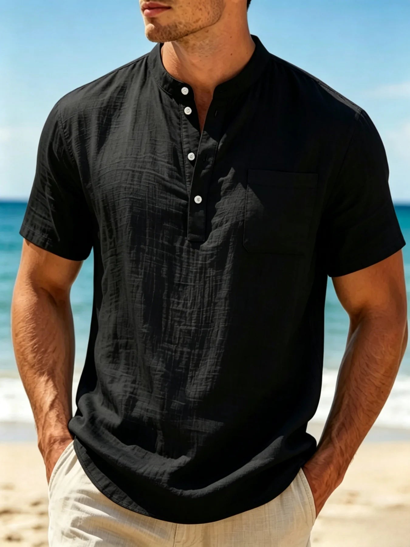 Heren Henley shirt van katoen-linnen mix