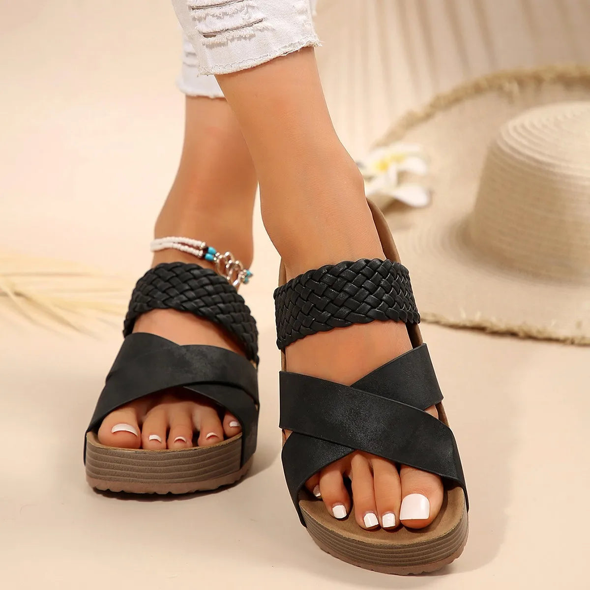 Dames gevlochten wedge sandalen