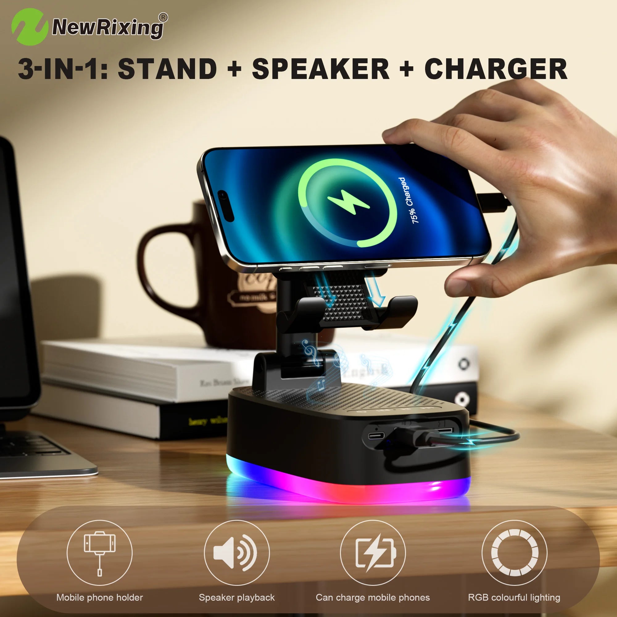 Telefoonhouder met 6W draadloze speaker, RGB-verlichting en ingebouwde powerbank