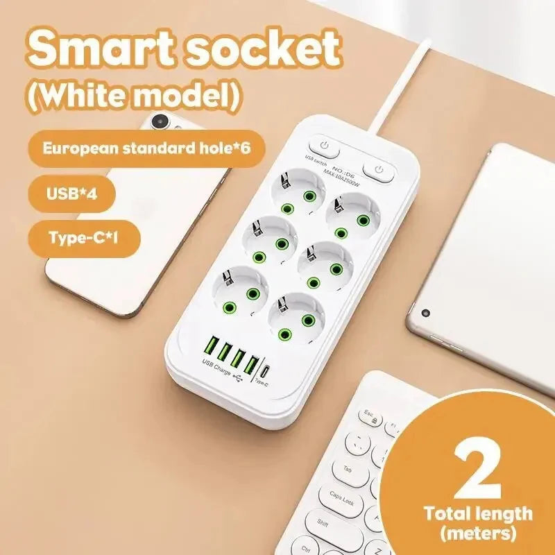 EU stekkerdoos met 4 stopcontacten, 2 USB-poorten en 1 USB-C-poort