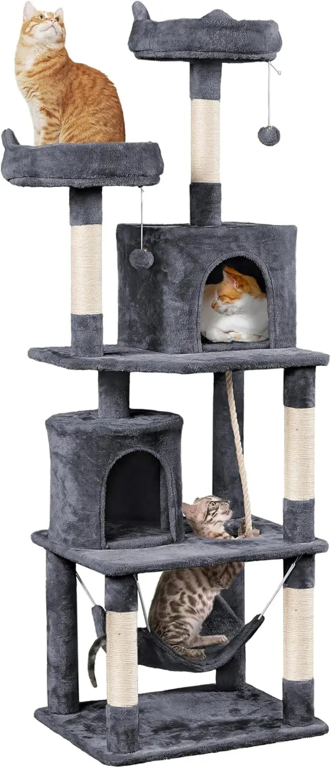 62,5 inch kattenkrabpaal met platform, hangmat en kattenhuis