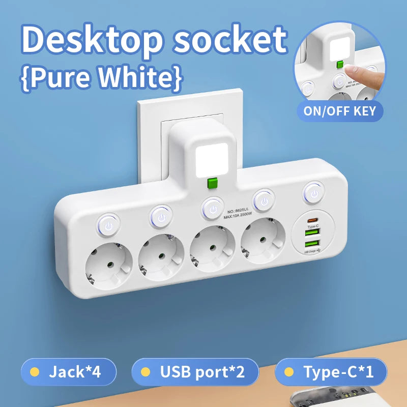 EU stekkerdoos met 4 stopcontacten, 2 USB-poorten en 1 USB-C-poort