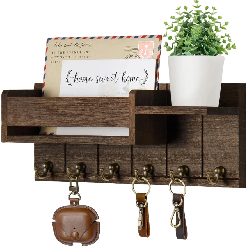 Rustieke houten wandplank met 6 haken voor post en sleutels
