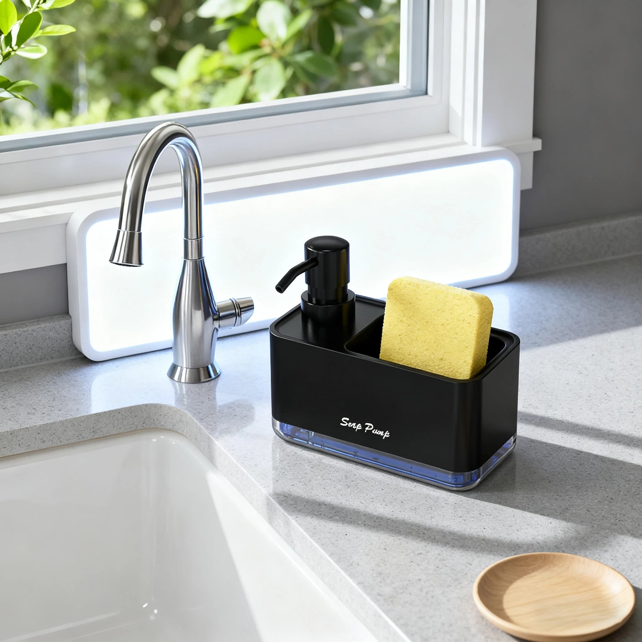Keuken zeepdispenser met sponshouder