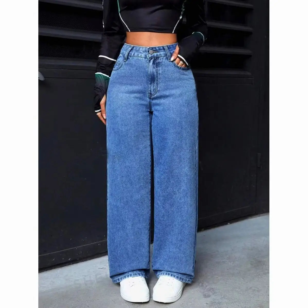 Y2K straight dark denim broek