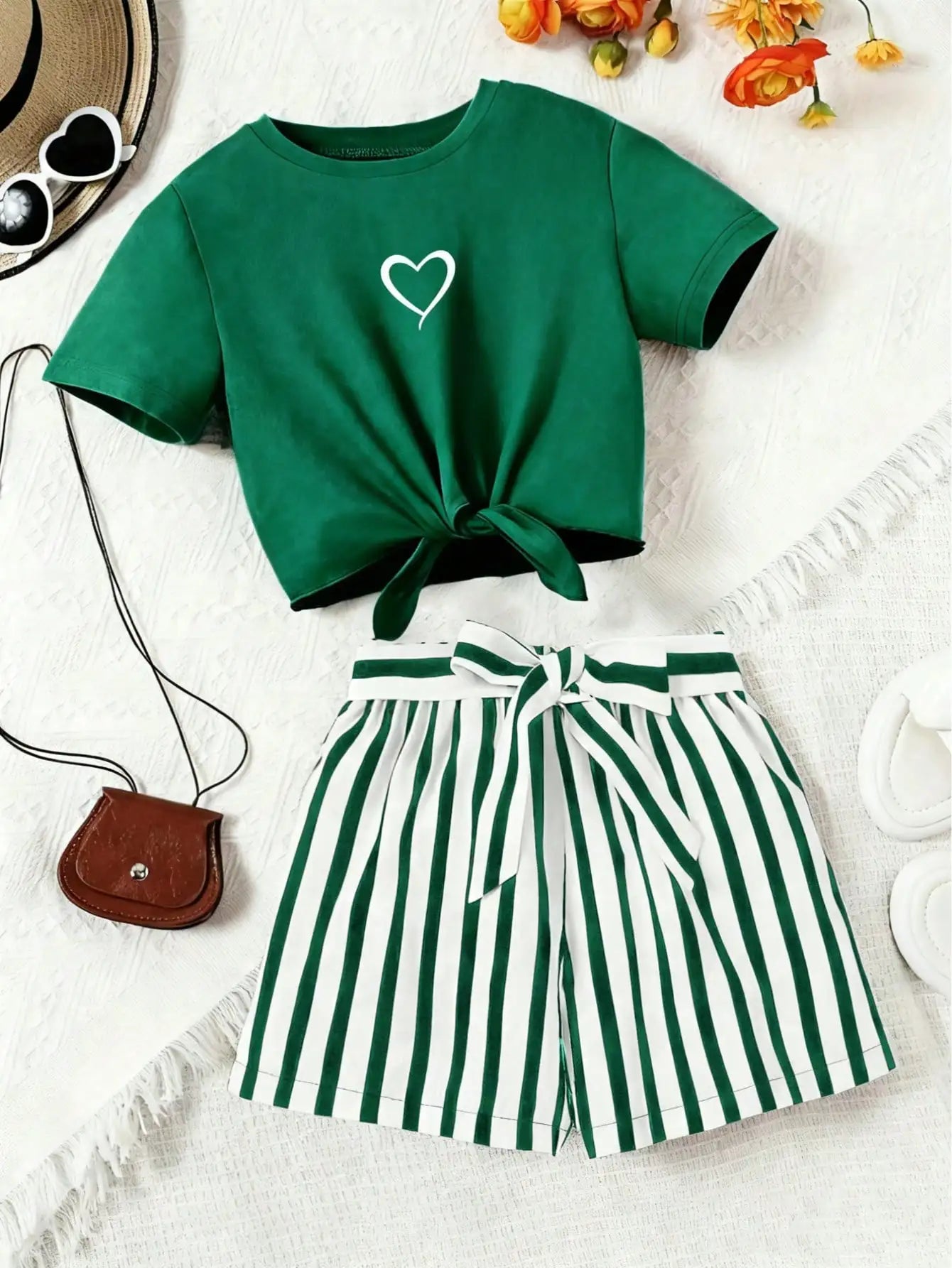 2-delige casual set met liefdesprint en gestreepte shorts