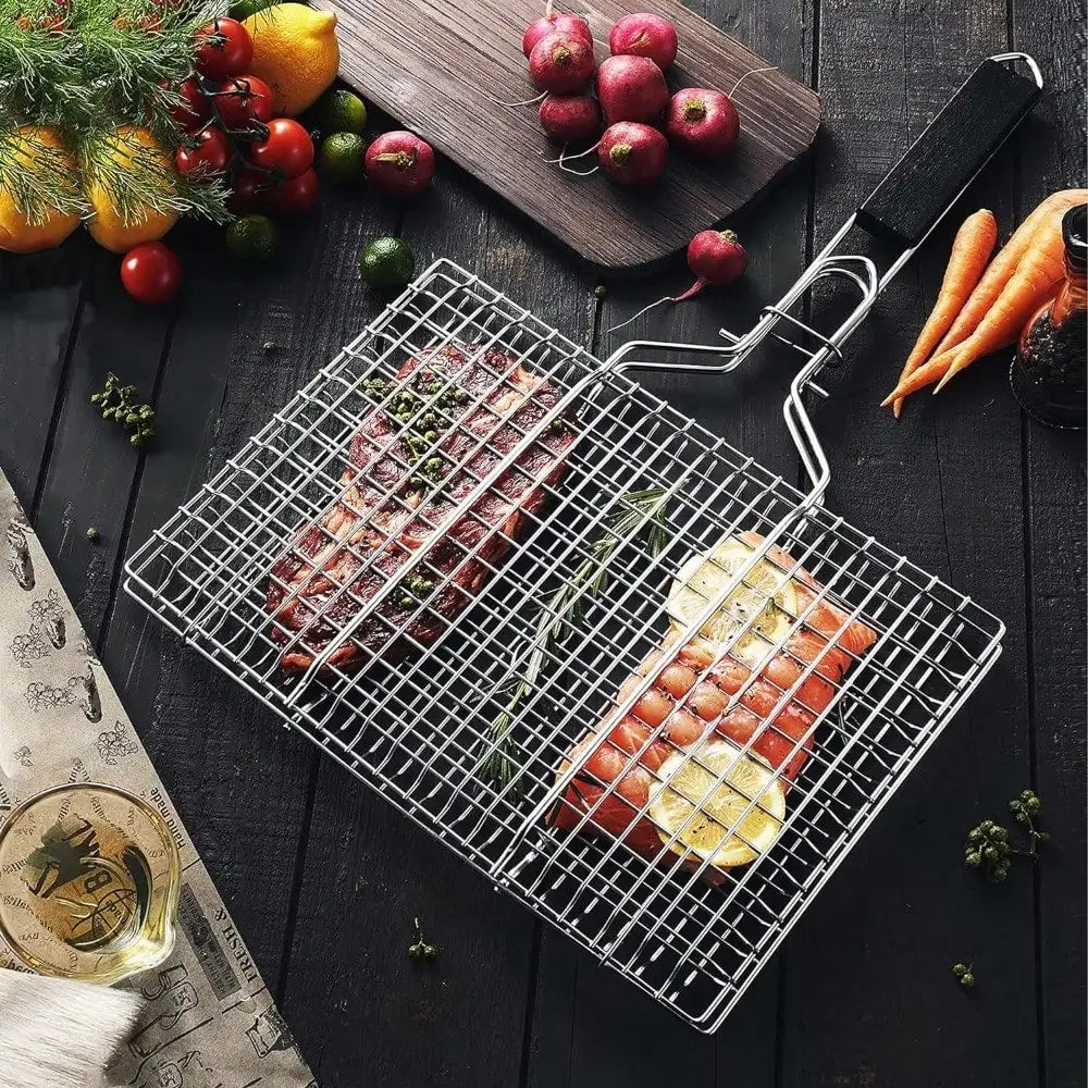 Opvouwbare draagbare BBQ grillmand van roestvrij staal