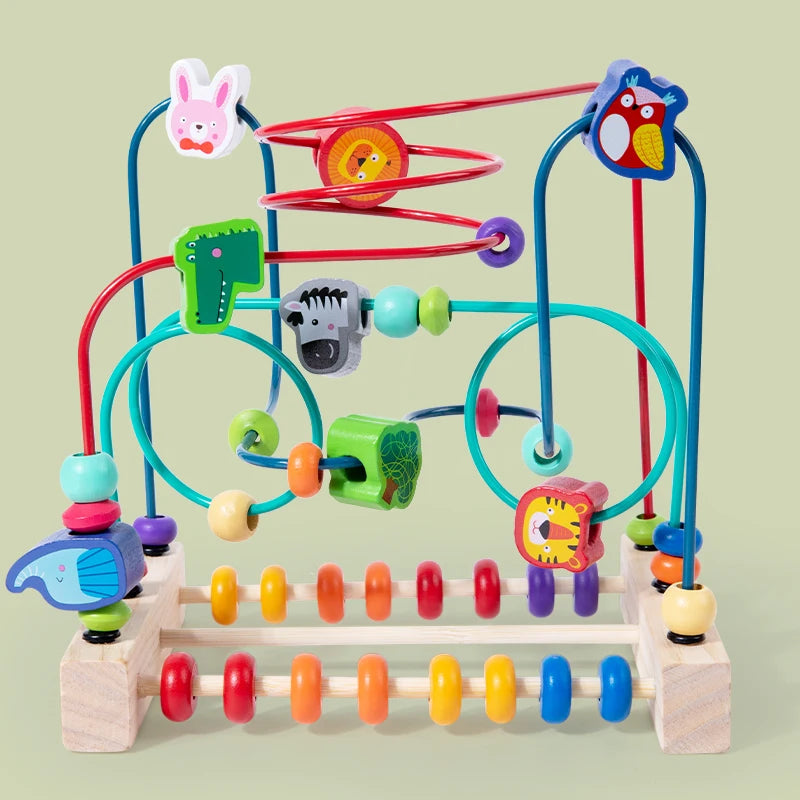 Montessori houten rollercoaster met kralendoolhof en telraam