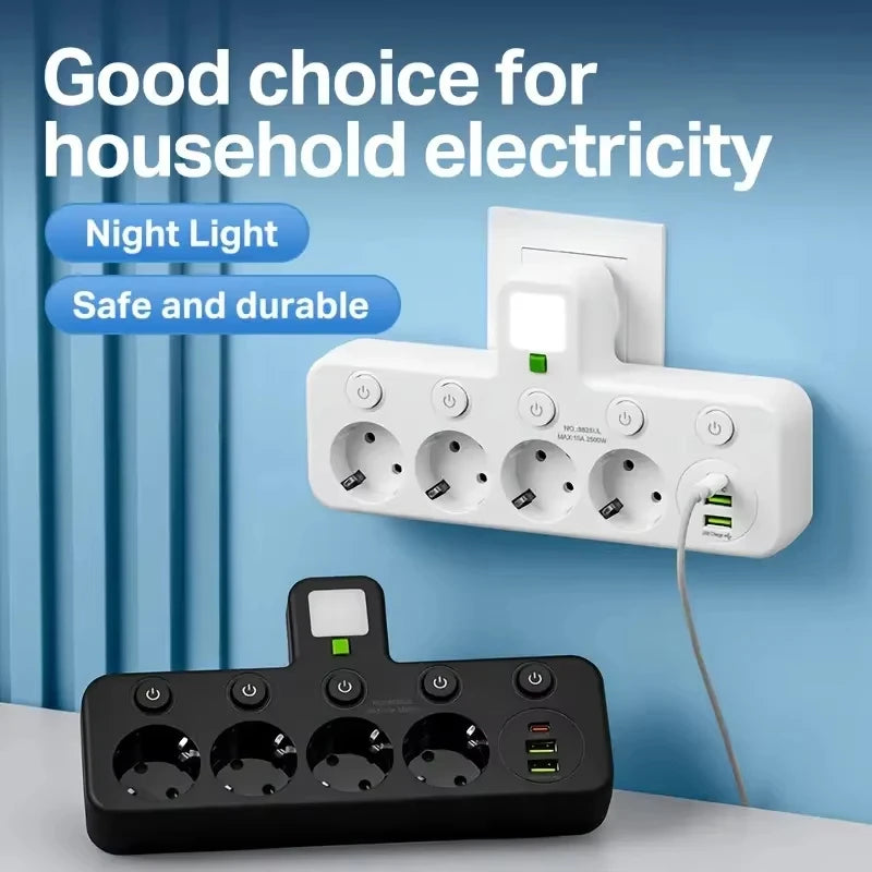 EU stekkerdoos met 4 stopcontacten, 2 USB-poorten en 1 USB-C-poort